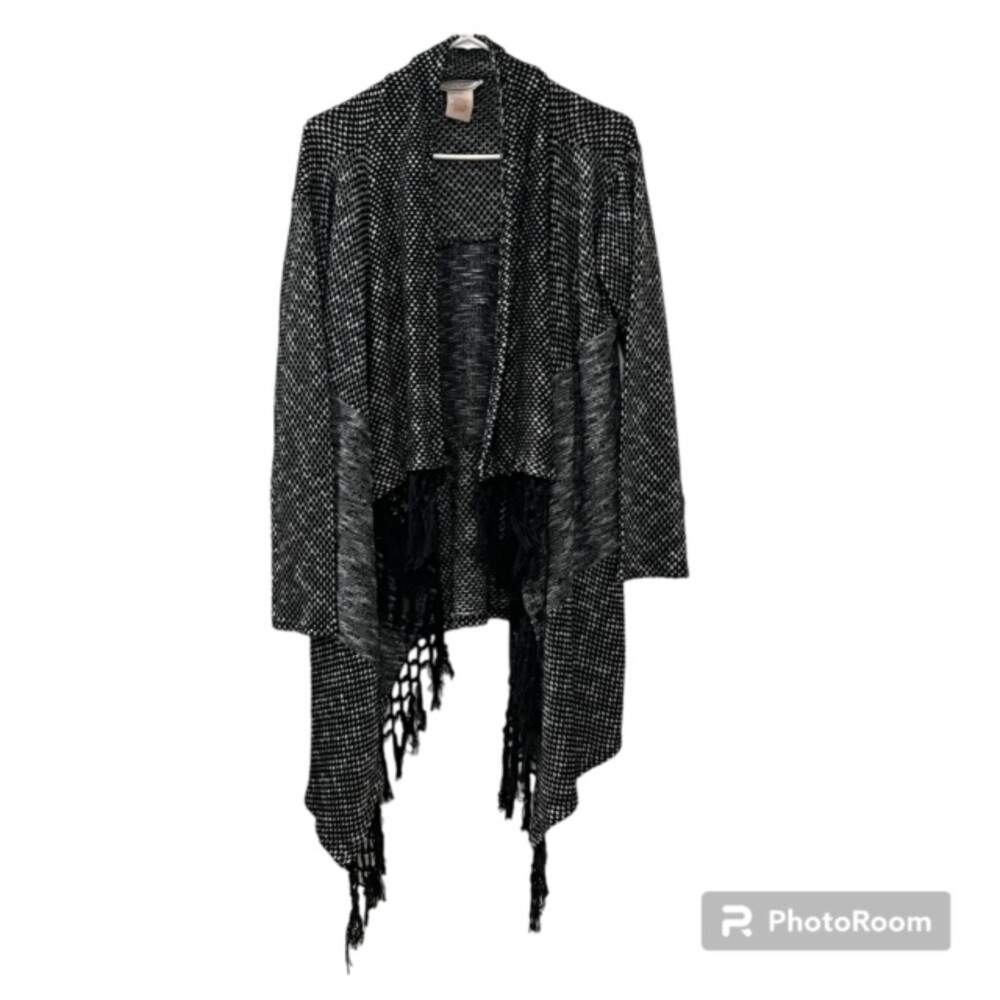 Flying Tomato Womens Black Open Asymmetrical Fringed Hem LS Cardigan Sz Large
